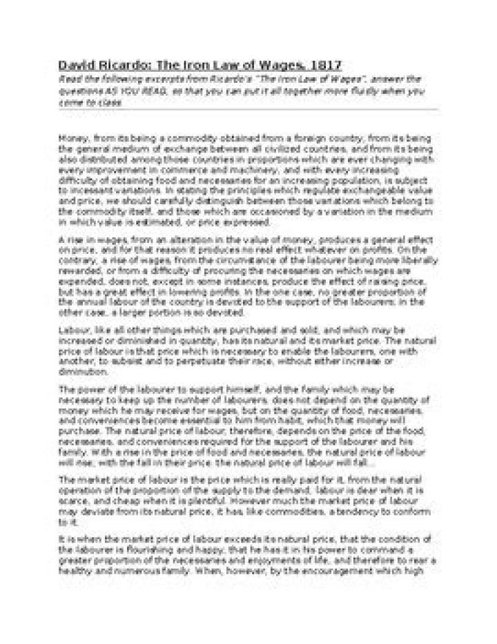 What did David Ricardo argue in his iron law of wages quizlet