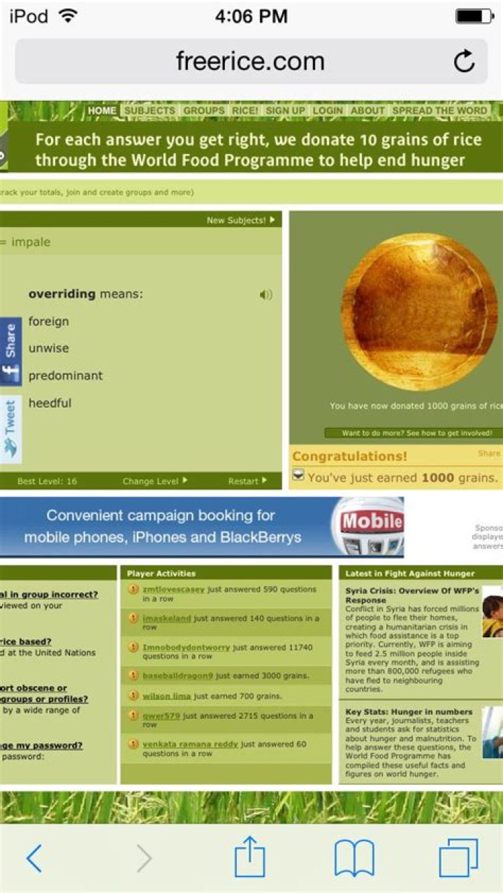 What happens if you get 100 questions right on Freerice com