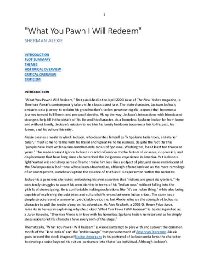 What You Pawn I Will Redeem by Sherman Alexie summary